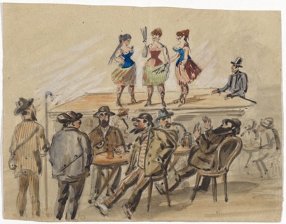Three women present themselves on a stage, in front of them men at beer tables, 1882, pencil,