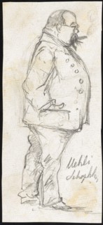 Man with glasses and cigar from the side, pencil, sheet: 14.2 x 6.4 cm, U. r., inscribed in pencil: