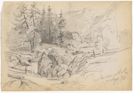 Mountain valley with river, rocks, fir trees and a bridge (recto), woman in traditional clothes