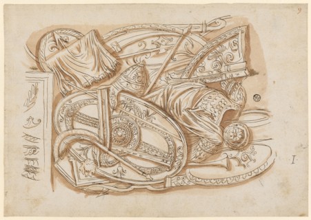 Relief with weapons trophies from the base of Trajan's Column, 1541-1547, feather in brown,