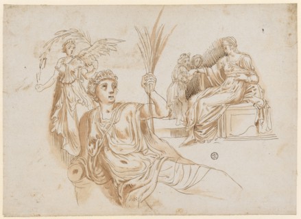 Victoria with laurel branch, knee piece of a reclining nymph, sitting woman, 1541/47, feather in