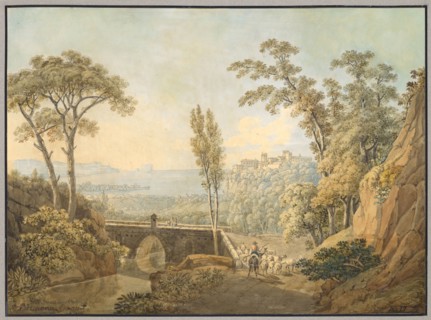 Landscape, pen and brush in brown and black, watercolored, over pencil, in a passe-partout, U. l.,