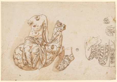 Torso of a Nereid on a Hippocampus, a left foot with sandal, columnar base and base plate, 1541/47,
