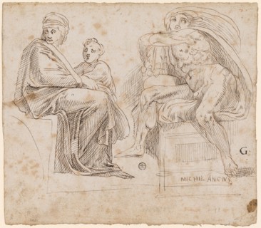 Two sketches after the ceiling fresco Michelangelo in the Sistine Chapel: Seated woman and boy of