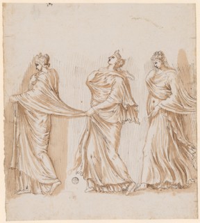 Three nymphs walking to the left, after a relief of the Puteal Albani, 1541/47, feather in brown,