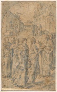 The wise virgins in front of the sky groom, feather in brown, brush in blue, fixed, sheet: 22.3, 23