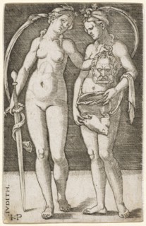 Judith with Servant, copper engraving, sheet: 10.6 x 6.8 cm, U. l., perpendicular to the edge: