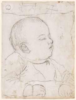 Sleeping child, pen in black, over preliminary drawing with graphite pencil, Sheet: 14 x 10.5 cm,