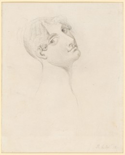 Woman's head, looking over the right shoulder, 1818, pencil, gray wash, mounted, leaf: 22.6 x 18.6
