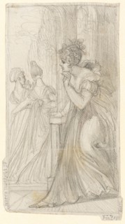 A listening lady leans against a round archway and overhears the conversation between two passing
