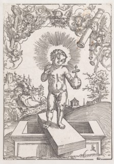 The Christ Child as a savior of the world, woodcut, leaf: 24.7 x 17.2 cm, U. r., snake, Signet,