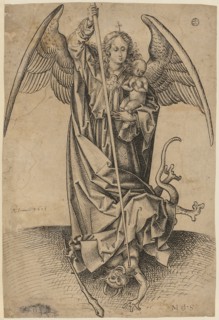 The Archangel Michael above the devil, holding a soul (naked child) in his arms, feather in black,