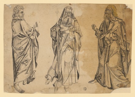 St. Anthony between two bearded men (saints or apostles), end of the 15th century, feather in
