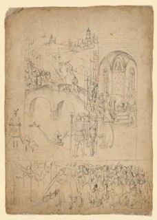Scenes from the cross legend, late 15th century, feather in black and gray, leaf: approx. 31.8 x 22