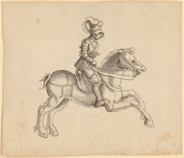 Horseman in armor, galloping to the right, early 16th century, feather in black, gray wash, sheet: