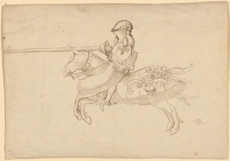 Medieval Knight with Lance, Blasting to the Left, Early 16th C., Feather in Brown, Leaf: 20.4 x 29