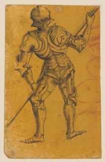 Warrior in heavy armor with lance, seen from the back, 2nd half of the 15th century, feather in