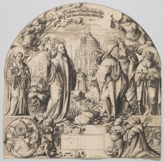 Broken glass for a lunette window with the temptation of Christ, flanked by Saints Benedict and