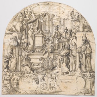 Broken glass for a lunette window with Christ in the temple, flanked by the saints Gallus and