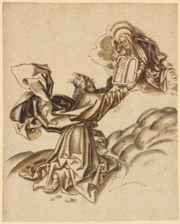 Moses receives the tablets of the law, c. 1490, pen in brown, brown and gray washed, heightened