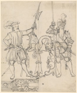 Broken glass with two warriors and the Basel coat of arms, feather (brush?), In dark gray, over