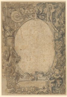 Broken glass with an oval frame and empty middle picture, feather (brush?) In dark gray, brown