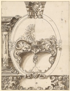 Broken glass with oval frame and two blank escutcheons, feather in black, brown wash, sheet: 38.4 x
