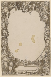 Broken glass with oval frame and empty middle picture, feather in black, brown washed, sheet: 31.9
