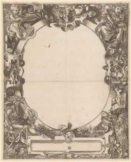 Broken glass with oval frame and empty middle picture, feather in black, brown washed, sheet: 38.4