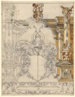Broken glass with empty blazon, pen in black, partly orange-brown watercolored, remains of a