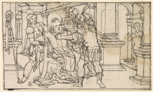Dazzling of the hl., Bishop Leodegar, feather in black, above a preliminary drawing with a black