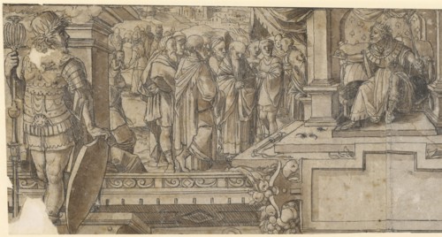 Design for a top picture with Rehabeam's cockiness (left half), pen in black, brown wash, sheet: 16