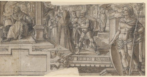 Design for an Upper Picture with Rehabeam's Supremacy (right half), c. 1574/75, feather in black,