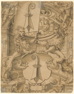 Disc tear with two lions as shield attendants and the coat of arms of the Basel stand, in the upper