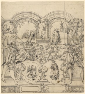 Broken glass with two shield attendants and the crests Falkner and Irmi, on the center pillar Cupid