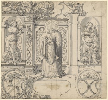 Slice tear with the hl., Alban, flanked by Fides and Caritas, among them the coats of arms of