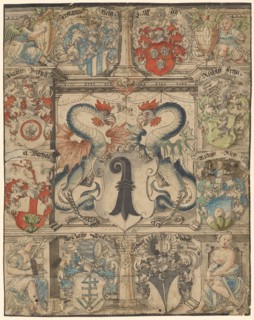 Broken glass with two basilisks as shield attendants and the Basel coat of arms, framed by eight