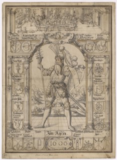 Disc ripped with armed giants, surrounded by 18 guild arms, in the upper guild guild, 1606, pen in