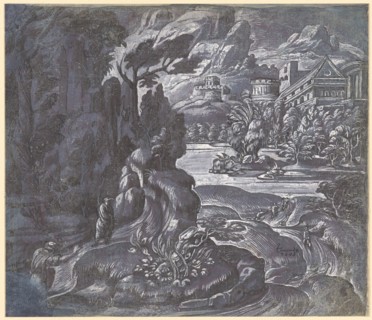 Fantastic mountainous landscape with hikers, feather and brush in black and gray, heightened in