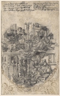 Disc break with four scenes from the story of Hugdietrich of Greece (embroidering queen and