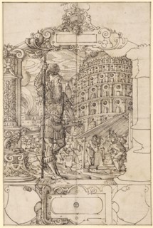 Broken glass with battlements to Babel, including two empty escutcheons, 1571, feather in dark