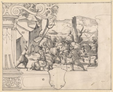 Broken glass with driver in front of a tavern, below blank blazon, feather in black, partly gray