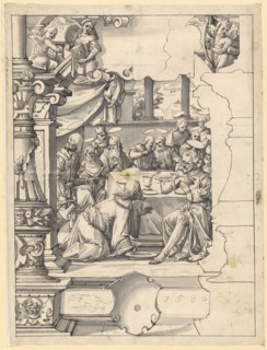 Disc tear with Christ, who washes the feet of the disciples, below empty heraldic shield, 1580,