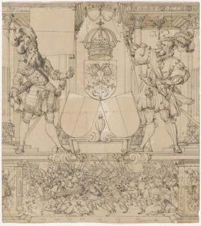 Disc tear with standard bearer and halberdier as shield attendants and coat of arms of Lucerne, in