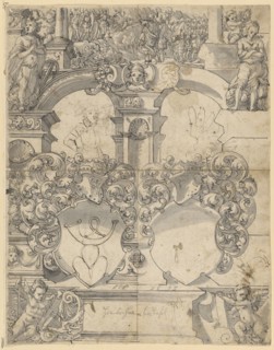 Disc tear with two empty coats of arms (later coat of arms hornlocher added), flanked above by