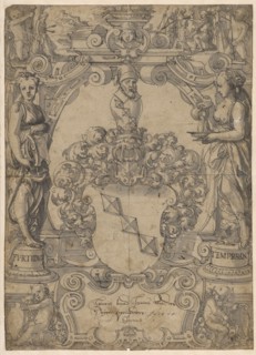 Slice tear with coat of arms Peyer, flanked by Fortitudo and Temperantia, in the upper picture