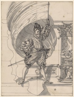 Broken glass with standard bearer, below blank blazon, c. 1585, pen in black, gray washed, sheet: