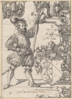 Disc break with musketeer as sign accompanist and coat of arms Hans Werner von Mühlhausen, in the