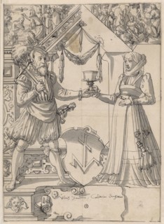 Disc tear with married couple as shield attendants and the coat of arms of Ulrich Zander, in the
