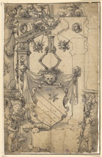 Broken glass with coat of arms of Conrad Lycosthenes (Wolfhart) by Rouffach, 1585, pen in black,